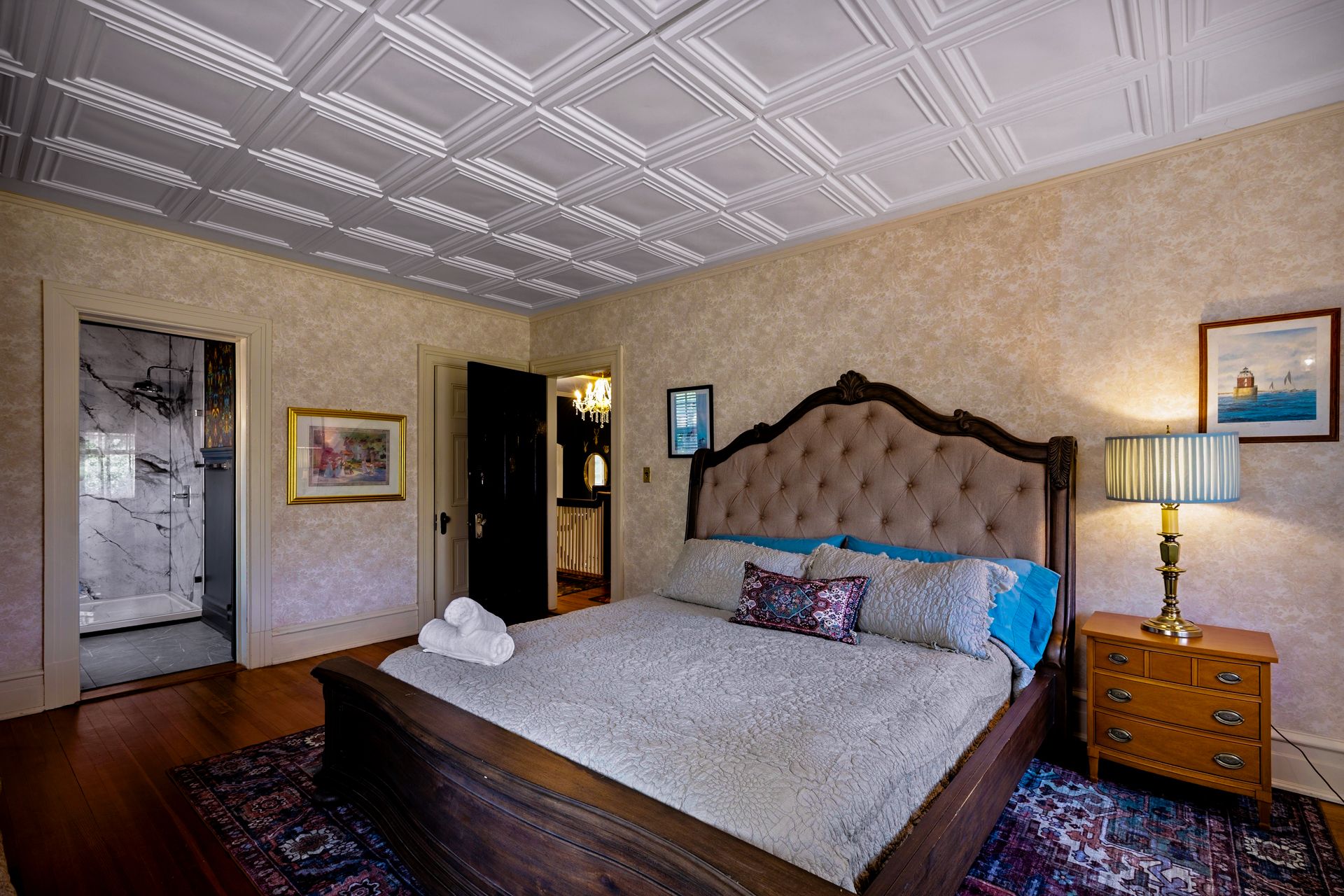 Elegant bedroom with tufted headboard