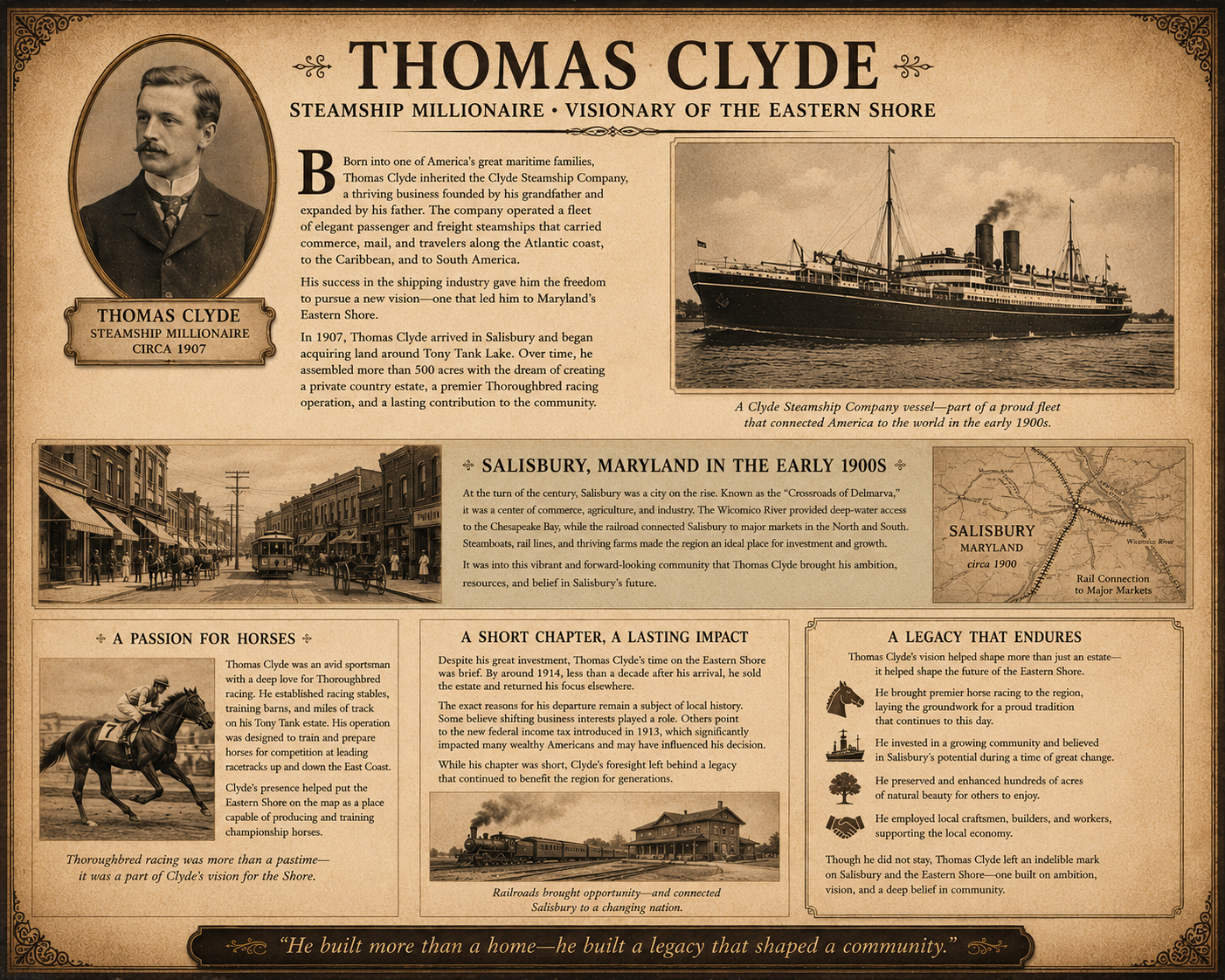 Thomas Clyde — Steamship Millionaire, Visionary of the Eastern Shore. Full history of the Clyde Line shipping company and his legacy in Salisbury, Maryland. Click to enlarge.