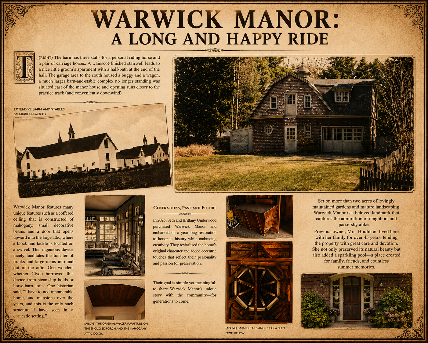 Warwick Manor history panel — The carriage house and original craftsmanship